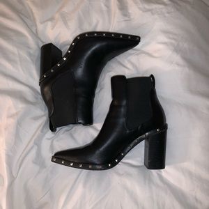 Black Charles David Pointed Toe Booties with Studded sole. Heels.W8